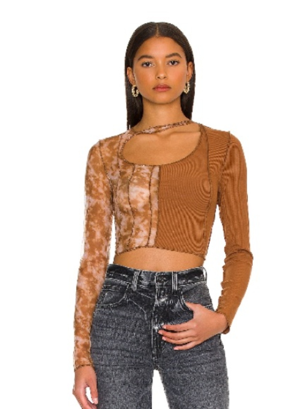 superdown Asymmetric Brown Split Crop Top